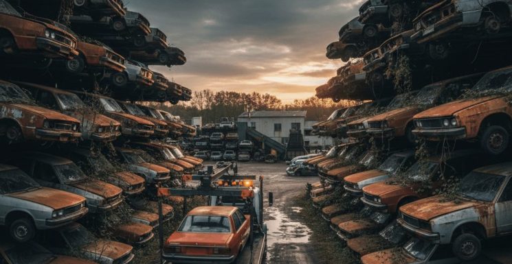 תמונת תקריב של משאית גרר הנושאת מכונית אדומה קטנה בנסיעה לאורך שביל צר בתוך מגרש גרוטאות רכב עצום. משני עברי השביל נערמים לגובה רב טורים של מכוניות ישנות, חלודות ומפורקות המכוסות בחלקן בצמחייה מטפסת. השמיים מעוננים וקודרים עם אור רך של שקיעה המבצבץ באופק ומאיר את מרכז התמונה. הקרקע בוצית עם שלוליות מים המשקפות את אורות המשאית ואת השמיים, מה שמעניק לסצנה אווירה נוסטלגית ומלנכולית של סוף דרך.