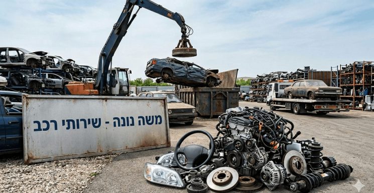 מגרש לפירוק רכבים הכולל מנוף תעשייתי המניף מכונית מעוכה מעל מיכל איסוף לצד ערימות של שלדות רכב וחלקי חילוף המסודרים על מדפים גבוהים. בחזית התמונה מוצגים חלקי רכב שפורקו ובהם מנוע הגה פנסים ודיסקיות בלם לצד שלט גדול שעליו הכיתוב משה נונה שירותי רכב על רקע שמיים בהירים ומשאית גרר הנושאת רכב נוסף.
