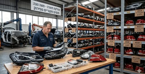 צילום של גבר במוסך לחלקי חילוף לרכב בודק פנסי מכוניות על שולחן עבודה מעץ, ברקע מדפים עמוסים בפנסים פנסים לרכב מפירוק ושלט בעברית