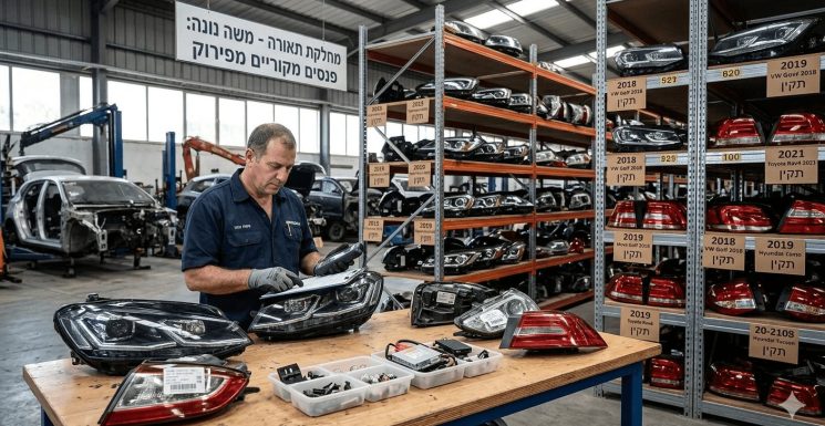 צילום של גבר במוסך לחלקי חילוף לרכב בודק פנסי מכוניות על שולחן עבודה מעץ, ברקע מדפים עמוסים בפנסים פנסים לרכב מפירוק ושלט בעברית