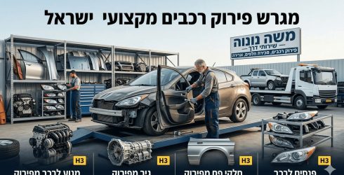 תמונת נושא של המאמר על פירוק חלקי רכב המציגה מגרש מקצועי לפירוק רכבים בישראל. במרכז התמונה נראה רכב פרטי אפור על גבי ליפט, כשמכונאי מבוגר בבגדי עבודה כחולים מטפל בדלת הפתוחה שלו. ברקע משמאל מכונאי נוסף עומד ליד מדפי מתכת עמוסים בחלקי חילוף כמו דלתות ופנסי רכב. מימין ברקע חונה משאית גרר לבנה הנושאת רכב נוסף, ומעליה שלט גדול בעברית 