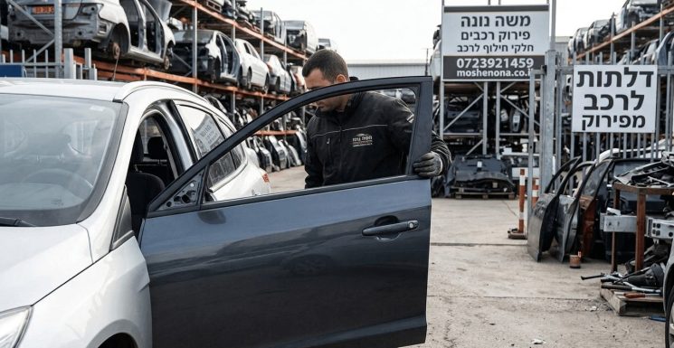 מבט על מגרש פירוק רכבים של משה נונה ובו עובד מרכיב או בודק דלת אפורה כהה של מכונית כסופה בחזית התמונה כאשר ברקע נראים מדפי ענק עמוסים בשלדות רכבים וחלקי חילוף שלטים בעברית עם פרטי קשר והכיתוב דלתות לרכב מפירוק לצד שורת דלתות מפורקות המונחות על הקרקע