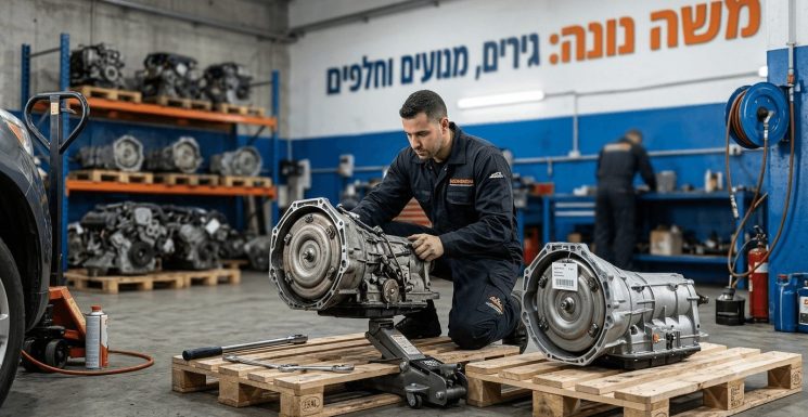 תמונה מפורטת של מוסך חלקי חילוף לרכב מציגה מכונאי כורע על רצפת הבטון ובודק מכלול גיר אוטומטי המונח על משטח עץ עם מפתח ברגים לצידו כאשר מכלול גיר מפירוק נוסף עומד לידו וברקע נראים מדפי אחסון עמוסים במנועים נוספים ושלט גדול בעברית על הקיר המכריז משה נונה גירים מנועים וחלפים
