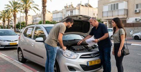 צילום המדגים איך לקנות רכב יד שניה? – בסצנה נראה גבר מבוגר (ככל הנראה המוכר) מחזיק במסמכים ומסביר לזוג צעיר על המנוע של מכונית יונדאי כסופה שחנתה בצד הרחוב, כאשר מכסה המנוע שלה פתוח. הבחור הצעיר רוכן קדימה כדי לבחון מקרוב את חלקי המנוע, בעוד הבחורה הצעירה עומדת לצידו ומקשיבה בריכוז. על שמשת המכונית מאחור מודבק שלט לבן בכתב יד 