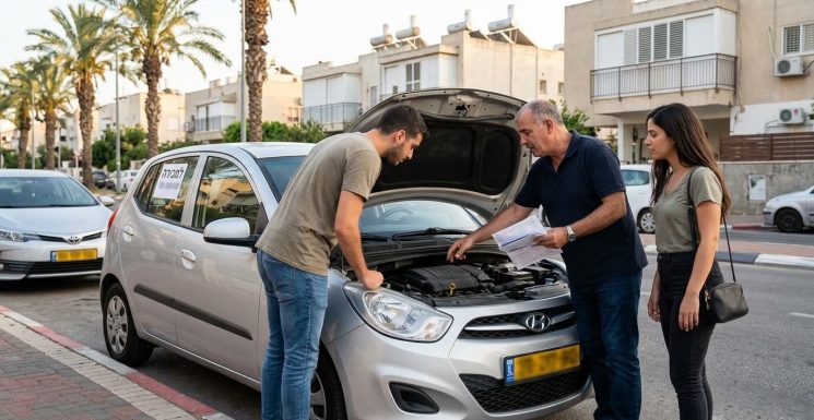 צילום המדגים איך לקנות רכב יד שניה? – בסצנה נראה גבר מבוגר (ככל הנראה המוכר) מחזיק במסמכים ומסביר לזוג צעיר על המנוע של מכונית יונדאי כסופה שחנתה בצד הרחוב, כאשר מכסה המנוע שלה פתוח. הבחור הצעיר רוכן קדימה כדי לבחון מקרוב את חלקי המנוע, בעוד הבחורה הצעירה עומדת לצידו ומקשיבה בריכוז. על שמשת המכונית מאחור מודבק שלט לבן בכתב יד 