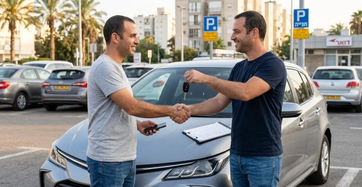 צילום המדגים איך מוכרים רכב בצורה בטוחה? – שני גברים בלחיצת יד בעת מסירת מפתח הרכב על רקע סניף דואר בחניון.